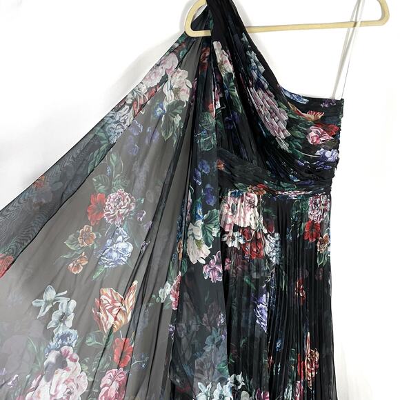 Marchesa One-Shoulder Gown Pleated Floral Chiffon Black Dress Side Slit Sz 6 - Picture 7 of 11